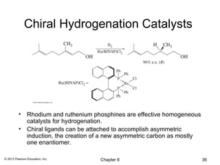 Chiral Hydrogenation Catalysts




          •    Rhodium and ruthenium phosphines are effective homogeneous
               catalysts for hydrogenation.
          •    Chiral ligands can be attached to accomplish asymmetric
               induction, the creation of a new asymmetric carbon as mostly
               one enantiomer.

© 2013 Pearson Education, Inc.          Chapter 8                             36
 
