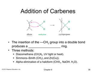 Addition of Carbenes




          • The insertion of the —CH2 group into a double bond
            produces a __________________ ring.
          • Three methods:
                  Diazomethane (CH3N2, UV light or heat).
                  Simmons–Smith (CH2I2 and Zn(Cu)).
                  Alpha elimination of a haloform (CHX3, NaOH, H2O).

© 2013 Pearson Education, Inc.           Chapter 8                      38
 