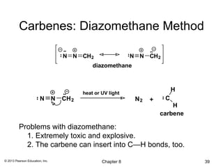 Carbenes: Diazomethane Method

                                     N N CH 2                   N N CH 2
                                                diazomethane



                                                                               H
                                            heat or UV light
                        N        N   CH 2                        N2   +    C
                                                                              H
                                                                          carbene

         Problems with diazomethane:
           1. Extremely toxic and explosive.
           2. The carbene can insert into C—H bonds, too.

© 2013 Pearson Education, Inc.                      Chapter 8                       39
 