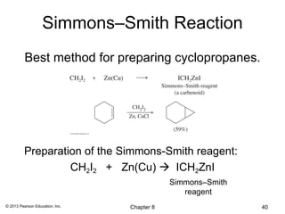 Simmons–Smith Reaction
          Best method for preparing cyclopropanes.




         Preparation of the Simmons-Smith reagent:
                  CH2I2 + Zn(Cu)  ICH2ZnI
                                             Simmons–Smith
                                                reagent
© 2013 Pearson Education, Inc.   Chapter 8                   40
 