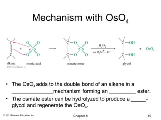 Mechanism with OsO4




  • The OsO4 adds to the double bond of an alkene in a
    ______________mechanism forming an _________ ester.
  • The osmate ester can be hydrolyzed to produce a _____-
    glycol and regenerate the OsO4.
© 2013 Pearson Education, Inc.     Chapter 8            49
 
