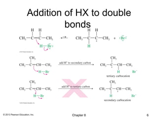 Addition of HX to double
                                bonds




© 2013 Pearson Education, Inc.   Chapter 8        6
 