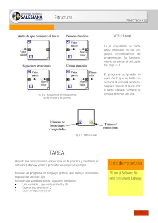 Estructuras

PRÁCTICA # 03

While Loop
Es el equivalente al bucle
while empleado en los lenguajes convencionales de
programación. Su funcionamiento es similar al del bucle
for. (Fig. 3.7.).

Fig. 3.6: Secuencia de Iteraciones,
de la inicial a la última

El programa comprueba el
valor de lo que se halle conectado al terminal condicional para finalizar el bucle. Por
lo tanto, el bucle siempre se
ejecuta al menos una vez.

Fig. 3.7: While Loop

TAREA
Usando los conocimientos adquiridos en la práctica y mediante el
software LabView vamos a proceder a realizar un ejemplo.

Lista de materiales

Realizar un programa en lenguaje gráfico, que maneje secuencias
lógicas con un ciclo FOR.
Realizar una sumatoria con la siguiente condición

Una variable i, que varíe entre 0 y 50

Que se incremente en 2

Que la respuesta de 50

PC con el Software National Instruments LabView.

19

 