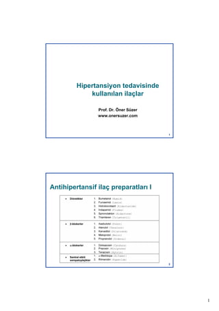 1
1
Hipertansiyon tedavisinde
kullanılan ilaçlar
Prof. Dr. Öner Süzer
www.onersuzer.com
2
2
Antihipertansif ilaç preparatları I
 