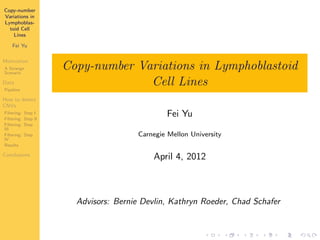 Copy-number
Variations in
Lymphoblas-
  toid Cell
    Lines

    Fei Yu

Motivation
A Strange
Scenario
                       Copy-number Variations in Lymphoblastoid
Data
Pipeline
                                     Cell Lines
How to detect
CNVs
Filtering:
Filtering:
             Step I
             Step II
                                                  Fei Yu
Filtering:   Step
III
Filtering:   Step                        Carnegie Mellon University
IV
Results

Conclusions
                                             April 4, 2012



                         Advisors: Bernie Devlin, Kathryn Roeder, Chad Schafer
 
