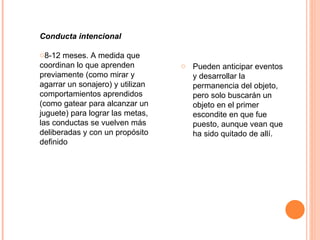 Conducta intencional 8-12 meses. A medida que coordinan lo que aprenden previamente (como mirar y agarrar un sonajero) y utilizan comportamientos aprendidos (como gatear para alcanzar un juguete) para lograr las metas, las conductas se vuelven más deliberadas y con un propósito definido Pueden anticipar eventos y desarrollar la permanencia del objeto, pero solo buscarán un objeto en el primer escondite en que fue puesto, aunque vean que ha sido quitado de allí. 