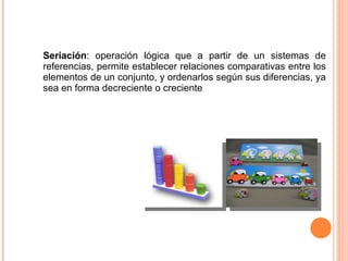 Seriación : operación lógica que a partir de un sistemas de referencias, permite establecer relaciones comparativas entre los elementos de un conjunto, y ordenarlos según sus diferencias, ya sea en forma decreciente o creciente 