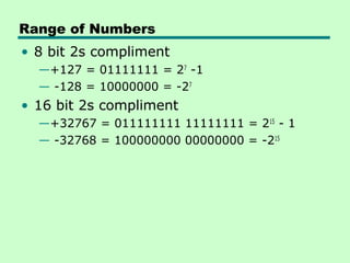 Range of Numbers
• 8 bit 2s compliment
  —+127 = 01111111 = 27 -1
  — -128 = 10000000 = -27
• 16 bit 2s compliment
  —+32767 = 011111111 11111111 = 215 - 1
  — -32768 = 100000000 00000000 = -215
 
