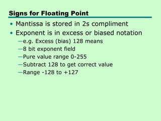 Signs for Floating Point
• Mantissa is stored in 2s compliment
• Exponent is in excess or biased notation
  —e.g. Excess (bias) 128 means
  —8 bit exponent field
  —Pure value range 0-255
  —Subtract 128 to get correct value
  —Range -128 to +127
 