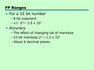 FP Ranges
• For a 32 bit number
  —8 bit exponent
  —+/- 2256 ≈ 1.5 x 1077
• Accuracy
  —The effect of changing lsb of mantissa
  —23 bit mantissa 2-23 ≈ 1.2 x 10-7
  —About 6 decimal places
 