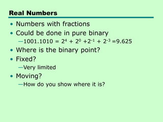 Real Numbers
• Numbers with fractions
• Could be done in pure binary
—1001.1010 = 24 + 20 +2-1 + 2-3 =9.625
• Where is the binary point?
• Fixed?
—Very limited
• Moving?
—How do you show where it is?
 