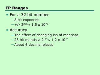 FP Ranges
• For a 32 bit number
—8 bit exponent
—+/- 2256  1.5 x 1077
• Accuracy
—The effect of changing lsb of mantissa
—23 bit mantissa 2-23  1.2 x 10-7
—About 6 decimal places
 