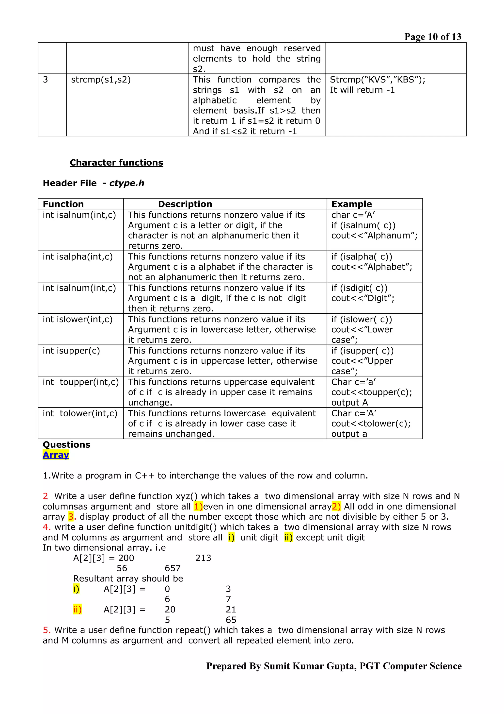 Page 10 of 13 3 strcmp(s1,s2) must have enough reserved elements to hold the string s2. This function compares the strings s1 with s2 on an alphabetic element by element basis.If s1>s2 then it return 1 if s1=s2 it return 0 And if s1<s2 it return -1 Strcmp(“KVS”,”KBS”); It will return -1 Character functions Header File - ctype.h Function int isalnum(int,c) int isalpha(int,c) int isalnum(int,c) int islower(int,c) int isupper(c) int toupper(int,c) int tolower(int,c) Description This functions returns nonzero value if its Argument c is a letter or digit, if the character is not an alphanumeric then it returns zero. This functions returns nonzero value if its Argument c is a alphabet if the character is not an alphanumeric then it returns zero. This functions returns nonzero value if its Argument c is a digit, if the c is not digit then it returns zero. This functions returns nonzero value if its Argument c is in lowercase letter, otherwise it returns zero. This functions returns nonzero value if its Argument c is in uppercase letter, otherwise it returns zero. This functions returns uppercase equivalent of c if c is already in upper case it remains unchange. This functions returns lowercase equivalent of c if c is already in lower case case it remains unchanged. Example char c=’A’ if (isalnum( c)) cout<<”Alphanum”; if (isalpha( c)) cout<<”Alphabet”; if (isdigit( c)) cout<<”Digit”; if (islower( c)) cout<<”Lower case”; if (isupper( c)) cout<<”Upper case”; Char c=’a’ cout<<toupper(c); output A Char c=’A’ cout<<tolower(c); output a Questions Array 1.Write a program in C++ to interchange the values of the row and column. 2 Write a user define function xyz() which takes a two dimensional array with size N rows and N columnsas argument and store all 1)even in one dimensional array2) All odd in one dimensional array 3. display product of all the number except those which are not divisible by either 5 or 3. 4. write a user define function unitdigit() which takes a two dimensional array with size N rows and M columns as argument and store all i) unit digit ii) except unit digit In two dimensional array. i.e A[2][3] = 200 213 56 657 Resultant array should be i) A[2][3] = 0 3 6 7 ii) A[2][3] = 20 21 5 65 5. Write a user define function repeat() which takes a two dimensional array with size N rows and M columns as argument and convert all repeated element into zero. Prepared By Sumit Kumar Gupta, PGT Computer Science 