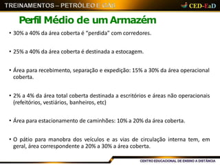 Perfil Médio de umArmazém
• 30% a 40% da área coberta é “perdida” com corredores.
• 25% a 40% da área coberta é destinada a estocagem.
• Área para recebimento, separação e expedição: 15% a 30% da área operacional
coberta.
• 2% a 4% da área total coberta destinada a escritórios e áreas não operacionais
(refeitórios, vestiários, banheiros, etc)
• Área para estacionamento de caminhões: 10% a 20% da área coberta.
• O pátio para manobra dos veículos e as vias de circulação interna tem, em
geral, área correspondente a 20% a 30% a área coberta.
 