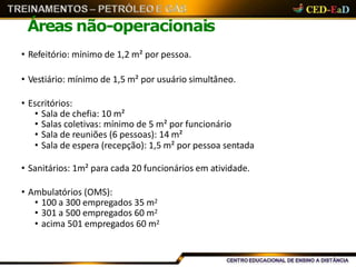 Áreas não-operacionais
• Refeitório: mínimo de 1,2 m² por pessoa.
• Vestiário: mínimo de 1,5 m² por usuário simultâneo.
• Escritórios:
• Sala de chefia: 10 m²
• Salas coletivas: mínimo de 5 m² por funcionário
• Sala de reuniões (6 pessoas): 14 m²
• Sala de espera (recepção): 1,5 m² por pessoa sentada
• Sanitários: 1m² para cada 20 funcionários em atividade.
• Ambulatórios (OMS):
• 100 a 300 empregados 35 m2
• 301 a 500 empregados 60 m2
• acima 501 empregados 60 m2
 