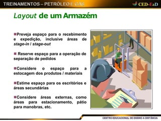 Layout de umArmazém
Preveja espaço para o recebimento
e expedição, inclusive áreas de
stage-in / stage-out
 Reserve espaço para a operação de
separação de pedidos
Considere o espaço para a
estocagem dos produtos / materiais
Estime espaço para os escritórios e
áreas secundárias
como
pátio
Considere áreas externas,
áreas para estacionamento,
para manobras, etc.
 