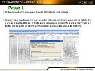 Passo 1
• Utilizando o Excel, uma planilha não formatada será gerada.
• Para agrupar os dados em suas devidas colunas, posicione o cursor na célula A1
e utilize a opção Dados >> Texto para Colunas. O assistente para a conversão de
textos em colunas se abrirá, com 3 passos para a adequação da planilha.
 