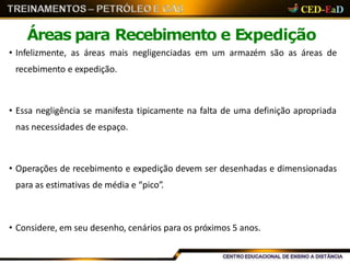 Áreas para Recebimento e Expedição
• Infelizmente, as áreas mais negligenciadas em um armazém são as áreas de
recebimento e expedição.
• Essa negligência se manifesta tipicamente na falta de uma definição apropriada
nas necessidades de espaço.
• Operações de recebimento e expedição devem ser desenhadas e dimensionadas
para as estimativas de média e “pico”.
• Considere, em seu desenho, cenários para os próximos 5 anos.
 