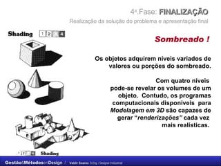 Sombreado ! 4 a .Fase:  FINALIZAÇÃO    Realização da solução do problema e apresentação final   Os objetos adquirem níveis variados de valores ou porções do sombreado. Com quatro níveis  pode-se revelar os volumes de um objeto.  Contudo, os programas computacionais disponíveis  para  Modelagem em 3D  são capazes de gerar “ renderizações”  cada vez  mais realísticas.  
