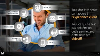 © 2016 Adobe Systems Incorporated. All Rights Reserved. Adobe Confidential.
© 2016 Adobe Systems Incorporated. All Rights Reserved. Adobe Confidential.
DIGITAL TV
EMAIL
SOCIAL
ONLINEVIDEO
DIGITALISATION DU
POINTDEVENTE
MOBILE
INTERNET OF
THINGS
Tout doit être pensé
par rapport à
l’expérience client.
Tout ce qui ne l’est
pas doit être un
outils permettant
d’atteindre cet
objectif.
26
 