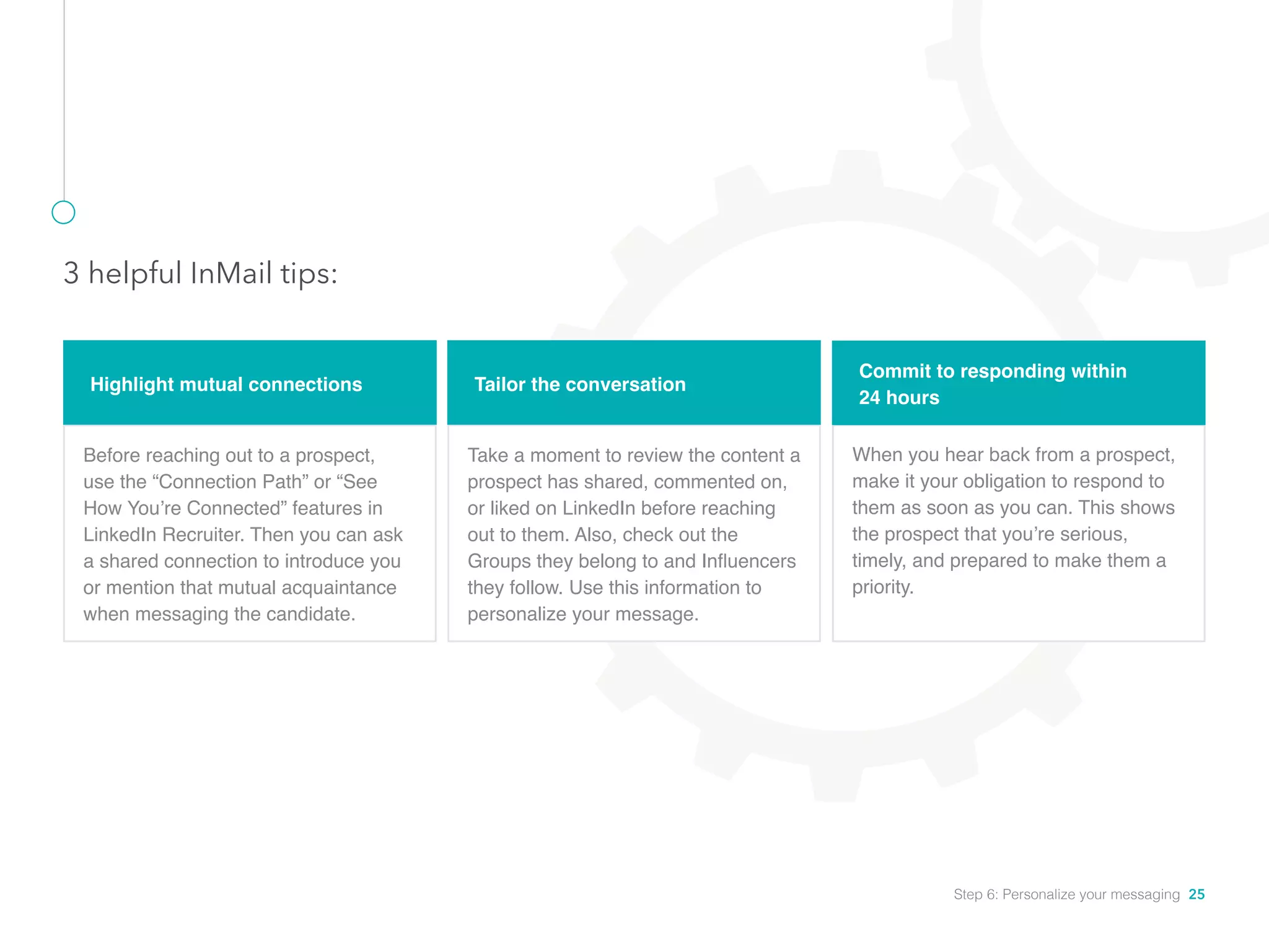 Highlight mutual connections
Before reaching out to a prospect,
use the “Connection Path” or “See
How You’re Connected” features in
LinkedIn Recruiter. Then you can ask
a shared connection to introduce you
or mention that mutual acquaintance
when messaging the candidate.
Tailor the conversation
Take a moment to review the content a
prospect has shared, commented on,
or liked on LinkedIn before reaching
out to them. Also, check out the
Groups they belong to and Influencers
they follow. Use this information to
personalize your message.
Commit to responding within
24 hours
When you hear back from a prospect,
make it your obligation to respond to
them as soon as you can. This shows
the prospect that you’re serious,
timely, and prepared to make them a
priority.
3 helpful InMail tips:
Step 6: Personalize your messaging 25
 