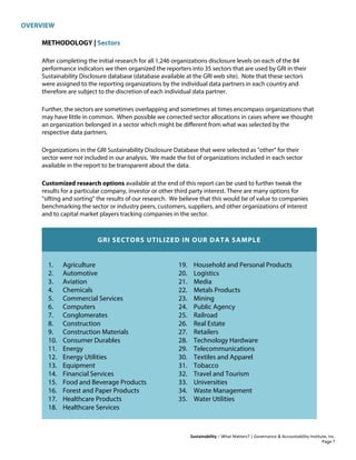 OVERVIEW
Sustainability – What Matters? | Governance & Accountability Institute, Inc.
METHODOLOGY | Sectors
After completing the initial research for all 1,246 organizations disclosure levels on each of the 84
performance indicators we then organized the reporters into 35 sectors that are used by GRI in their
Sustainability Disclosure database (database available at the GRI web site). Note that these sectors
were assigned to the reporting organizations by the individual data partners in each country and
therefore are subject to the discretion of each individual data partner.
Further, the sectors are sometimes overlapping and sometimes at times encompass organizations that
may have little in common. When possible we corrected sector allocations in cases where we thought
an organization belonged in a sector which might be different from what was selected by the
respective data partners.
Organizations in the GRI Sustainability Disclosure Database that were selected as "other" for their
sector were not included in our analysis. We made the list of organizations included in each sector
available in the report to be transparent about the data.
Customized research options available at the end of this report can be used to further tweak the
results for a particular company, investor or other third party interest. There are many options for
"sifting and sorting" the results of our research. We believe that this would be of value to companies
benchmarking the sector or industry peers, customers, suppliers, and other organizations of interest
and to capital market players tracking companies in the sector.
GRI SECTORS UTILIZED IN OUR DATA SAMPLE
1. Agriculture
2. Automotive
3. Aviation
4. Chemicals
5. Commercial Services
6. Computers
7. Conglomerates
8. Construction
9. Construction Materials
10. Consumer Durables
11. Energy
12. Energy Utilities
13. Equipment
14. Financial Services
15. Food and Beverage Products
16. Forest and Paper Products
17. Healthcare Products
18. Healthcare Services
19. Household and Personal Products
20. Logistics
21. Media
22. Metals Products
23. Mining
24. Public Agency
25. Railroad
26. Real Estate
27. Retailers
28. Technology Hardware
29. Telecommunications
30. Textiles and Apparel
31. Tobacco
32. Travel and Tourism
33. Universities
34. Waste Management
35. Water Utilities
Page 7
 