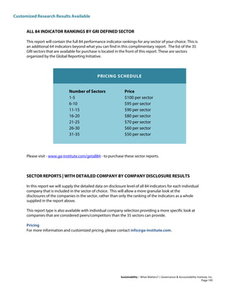 Customized Research Results Available
Sustainability – What Matters? | Governance & Accountability Institute, Inc.
ALL 84 INDICATOR RANKINGS BY GRI DEFINED SECTOR
This report will contain the full 84 performance indicator rankings for any sector of your choice. This is
an additional 64 indicators beyond what you can find in this complimentary report. The list of the 35
GRI sectors that are available for purchase is located in the front of this report. These are sectors
organized by the Global Reporting Initiative.
PRICING SCHEDULE
Number of Sectors Price
1-5 $100 per sector
6-10 $95 per sector
11-15 $90 per sector
16-20 $80 per sector
21-25 $70 per sector
26-30 $60 per sector
31-35 $50 per sector
Please visit - www.ga-institute.com/getall84 - to purchase these sector reports.
SECTOR REPORTS | WITH DETAILED COMPANY BY COMPANY DISCLOSURE RESULTS
In this report we will supply the detailed data on disclosure level of all 84 indicators for each individual
company that is included in the sector of choice. This will allow a more granular look at the
disclosures of the companies in the sector, rather than only the ranking of the indicators as a whole
supplied in the report above.
This report type is also available with individual company selection providing a more specific look at
companies that are considered peers/competitors than the 35 sectors can provide.
Pricing
For more information and customized pricing, please contact info@ga-institute.com.
Page 195
 