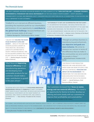 The Chemicals Sector
Sustainability – What Matters? | Governance & Accountability Institute, Inc.
"LIKE MOST COMPANIES, WE REPORT ON HOW WE ADDRESS THE THREE ELEMENTS OF THE “TRIPLE BOTTOM LINE” — ECONOMIC PROGRESS,
ENVIRONMENTAL STEWARDSHIP AND SOCIAL RESPONSIBILITY. BUT WE HAVE ADDED A FOURTH ELEMENT — SAFETY. BUILDING A
STRONGER SAFETY CULTURE, AND EMBEDDING SAFETY CONSIDERATIONS INTO EVERYTHING WE DO, IS FOUNDATIONAL TO OUR SUCCESS, AND
VITALLY IMPORTANT TO OUR CUSTOMERS." — Douglas M. Baker, Jr., Chairman of the Board & CEO, Nalco/Ecolab
“Uralkali for us is not just an efficient business,
providing the maximum profit for our shareholders
and investors. It is an opportunity to contribute to
the global food challenge, because fertilisers are
used to increase yields of all crops.”
— Vladislav Baumgertner, Chief Executive Officer, Uralkali
“SUSTAINABILITY IS NOT JUST AN IMPERATIVE FOR THE PLANET –
IT IS AN IMPERATIVE FOR BUSINESS. AND WHILE PROTECTING OUR
PLANET AND MAINTAINING ECONOMIC PROSPERITY AT THE SAME TIME
REQUIRES NEW PARADIGMS, THE TWO ARE NOT AT ODDS. IN FACT,
THEY ARE INTERDEPENDENT. WHEN ONE GOES OUT OF BALANCE, THE
OTHER IS SURE TO FOLLOW.” — Andrew Liveris, Chairman of the Board
of Directors, President & CEO, Dow Chemical
“I BELIEVE THAT SOLVING THE ISSUES
FACED IN PEOPLE’S LIVES AND
SOCIETY … WHILE AT THE SAME TIME
ACHIEVING BUSINESS GROWTH IN
THESE AREAS WILL NECESSARILY
CONSTITUTE CONTRIBUTION TO
SOCIETY THROUGH BUSINESSES, AND
AS SUCH BUSINESS GROWTH TRULY CAN
BE SAID TO BE ON THE SAME AXLE AS
CSR." — Naofumi Negishi, President,
Sekisui Chemical
“Though our primary business is
manufacturing petrochemicals,
our objective and goals are
more inclusive. We strive to
measure our success in terms of
the difference that we make in
the communities we serve and to
the people in them.”
— Mohammad Husain, President & CEO,
Equate
"[Our] focus on improving
resource efficiency in our
manufacturing operations
and developing more
sustainable products for our
customers should make a
major contribution to growth
in the years ahead." — Tim
Stevenson, Chairman, Johnson Matthey
"OUR PRODUCTS AND PRODUCTION
PROCESSES ARE USING RESOURCES AND
ENERGY MORE AND MORE EFFICIENTLY AND
ARE THUS CONTINUALLY REDUCING OUR
IMPACT ON THE ENVIRONMENT. THE
INNOVATIONS THAT HAVE BEEN AND ARE
BEING DEVELOPED FOR OUR BUSINESS
UNITS PLAY A KEY ROLE IN THIS POSITIVE
TREND.” — Hariolf Kottmann, Chief
Executive Officer, Clariant
“IN KEEPING WITH OUR STRATEGY OF DEVELOPING INNOVATIVE
BIORENEWABLE SPECIALTY CHEMICALS TO MEET CUSTOMERS’
UNMET NEEDS IN SELECT INDUSTRIES, WE REFOCUSED OUR SCIENCE
& TECHNOLOGY INVESTMENTS ON THE TARGET MARKETS OF
ADHESIVES, TIRES, ROADS & CONSTRUCTION, AND CHEMICAL
INTERMEDIATES.” — Kees Verhaar, President & CEO, Arizona
Chemical
"Our customers increased their focus on water,
energy and raw material efficiency. This trend is
an opportunity for Kemira to further develop our
offering and work closely with our customers to
improve their profitability and sustainability."
— Harri Kerminen, President & CEO, Kemira
“OF COURSE, I AM SATISFIED WITH OUR EXCELLENT FINANCIAL RESULT FOR 2011, BUT A COMPANY’S ROLE IN SOCIETY CANNOT SIMPLY BE
SEEN AS PROVIDING FINANCIAL VALUE TO THE SHAREHOLDERS. I AM CONVINCED THAT FUTURE SUCCESS FOR HEXPOL WILL INCLUDE OUR
ABILITY TO PROVIDE PRODUCTS AND SERVICES THAT CONTRIBUTE TO SUSTAINABLE GROWTH AND DEVELOPMENT.”
— Georg Brunstam, President & CEO, HEXPOL
Page 26
 