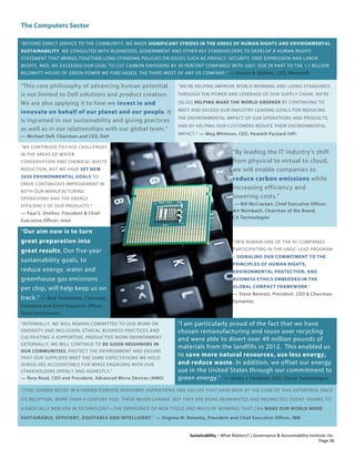 The Computers Sector
Sustainability – What Matters? | Governance & Accountability Institute, Inc.
"BEYOND DIRECT SERVICE TO THE COMMUNITY, WE MADE SIGNIFICANT STRIDES IN THE AREAS OF HUMAN RIGHTS AND ENVIRONMENTAL
SUSTAINABILITY. WE CONSULTED WITH BUSINESSES, GOVERNMENT AND OTHER KEY STAKEHOLDERS TO DEVELOP A HUMAN RIGHTS
STATEMENT THAT BRINGS TOGETHER LONG-STANDING POLICIES ON ISSUES SUCH AS PRIVACY, SECURITY, FREE EXPRESSION AND LABOR
RIGHTS. AND, WE EXCEEDED OUR GOAL TO CUT CARBON EMISSIONS BY 30 PERCENT COMPARED WITH 2007, DUE IN PART TO THE 1.1 BILLION
KILOWATT HOURS OF GREEN POWER WE PURCHASED, THE THIRD MOST OF ANY US COMPANY." — Steven A. Ballmer, CEO, Microsoft
“This core philosophy of advancing human potential
is not limited to Dell solutions and product creation.
We are also applying it to how we invest in and
innovate on behalf of our planet and our people. It
is ingrained in our sustainability and giving practices
as well as in our relationships with our global team.”
— Michael Dell, Chairman and CEO, Dell
“WE’RE HELPING IMPROVE WORLD WORKING AND LIVING STANDARDS
THROUGH THE POWER AND LEVERAGE OF OUR SUPPLY CHAIN. WE’RE
[ALSO] HELPING MAKE THE WORLD GREENER BY CONTINUING TO
MEET AND EXCEED OUR INDUSTRY-LEADING GOALS FOR REDUCING
THE ENVIRONMENTAL IMPACT OF OUR OPERATIONS AND PRODUCTS,
AND BY HELPING OUR CUSTOMERS REDUCE THEIR ENVIRONMENTAL
IMPACT.” — Meg Whitman, CEO, Hewlett Packard (HP)
“WE CONTINUED TO FACE CHALLENGES
IN THE AREAS OF WATER
CONSERVATION AND CHEMICAL WASTE
REDUCTION, BUT WE HAVE SET NEW
2020 ENVIRONMENTAL GOALS TO
DRIVE CONTINUOUS IMPROVEMENT IN
BOTH OUR MANUFACTURING
OPERATIONS AND THE ENERGY
EFFICIENCY OF OUR PRODUCTS."
— Paul S. Otellini, President & Chief
Executive Officer, Intel
“By leading the IT industry’s shift
from physical to virtual to cloud,
we will enable companies to
reduce carbon emissions while
increasing efficiency and
lowering costs.”
— Bill McCracken, Chief Executive Officer;
Art Weinbach, Chairman of the Board,
CA Technologies
“Our aim now is to turn
great preparation into
great results. Our five-year
sustainability goals, to
reduce energy, water and
greenhouse gas emissions
per chip, will help keep us on
track.” — Rich Templeton, Chairman,
President and Chief Executive Officer,
Texas Instruments
"[W]E REMAIN ONE OF THE 45 COMPANIES
PARTICIPATING IN THE UNGC LEAD PROGRAM
– SIGNALING OUR COMMITMENT TO THE
PRINCIPLES OF HUMAN RIGHTS,
ENVIRONMENTAL PROTECTION, AND
BUSINESS ETHICS EMBEDDED IN THE
GLOBAL COMPACT FRAMEWORK."
— Steve Bennett, President, CEO & Chairman,
Symantec
“INTERNALLY, WE WILL REMAIN COMMITTED TO OUR WORK ON
DIVERSITY AND INCLUSION, ETHICAL BUSINESS PRACTICES AND
CULTIVATING A SUPPORTIVE, PRODUCTIVE WORK ENVIRONMENT.
EXTERNALLY, WE WILL CONTINUE TO BE GOOD NEIGHBORS IN
OUR COMMUNITIES, PROTECT THE ENVIRONMENT AND ENSURE
THAT OUR SUPPLIERS MEET THE SAME EXPECTATIONS WE HOLD
OURSELVES ACCOUNTABLE FOR WHILE ENGAGING WITH OUR
STAKEHOLDERS OPENLY AND HONESTLY.”
— Rory Read, CEO and President, Advanced Micro Devices (AMD)
"I am particularly proud of the fact that we have
chosen remanufacturing and reuse over recycling
and were able to divert over 49 million pounds of
materials from the landfills in 2012. This enabled us
to save more natural resources, use less energy,
and reduce waste. In addition, we offset our energy
use in the United States through our commitment to
green energy." — James J. Cerkleski, CEO, Clover Technologies
“[THE] SHARED BELIEF IN A HIGHER PURPOSE REAFFIRMS ASPIRATIONS AND VALUES THAT HAVE BEEN AT THE CORE OF THIS ENTERPRISE SINCE
ITS INCEPTION, MORE THAN A CENTURY AGO. THESE NEVER CHANGE. BUT THEY ARE BEING REANIMATED AND REDIRECTED TODAY THANKS TO
A RADICALLY NEW ERA IN TECHNOLOGY—THE EMERGENCE OF NEW TOOLS AND WAYS OF WORKING THAT CAN MAKE OUR WORLD MORE
SUSTAINABLE, EFFICIENT, EQUITABLE AND INTELLIGENT.” — Virginia M. Rometty, President and Chief Executive Officer, IBM
Page 36
 