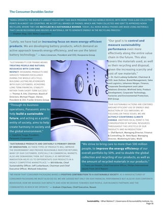 The Consumer Durables Sector
Sustainability – What Matters? | Governance & Accountability Institute, Inc.
“NOKIA OPERATES THE WORLD’S LARGEST VOLUNTARY TAKE-BACK PROGRAM FOR OLD MOBILE DEVICES, WITH MORE THAN 6,000 COLLECTION
POINTS IN ALMOST 100 COUNTRIES. WE ACCEPT ALL BRANDS OF PHONES, WHICH ARE THEN COLLECTED AND SENT TO APPROVED NOKIA
RECYCLERS, WHERE THEY ARE RECYCLED IN A SUSTAINABLE MANNER. TODAY, ALL NOKIA MOBILE PHONES ARE MADE USING MATERIALS
THAT CAN BE RECOVERED AND REUSED AS MATERIALS, OR TO GENERATE ENERGY IN THE RECYCLING PROCESS.”
— Stephen Elop, CEO, Nokia Corporation
“Lately, we have had an increasing focus on more energy-efficient
products. We are developing battery products, which demand an
active approach towards energy efficiency, and we use the latest
battery technology.” — Hans Linnarson, President and CEO, Husqvarna Group
“Our goal is to control and
measure sustainability
performance even more
effectively along the entire value
chain in the future. This also
covers the materials used, as well
as their recycling and disposal,
given the increasing scarcity and
cost of raw materials.”
— Dr. Kurt-Ludwig Gutberlet, Chairman &
CEO; Jean Dufour, Brand Management, Sales
and Logistics; Johannes Närger, Finance,
Corporate Development and Labor
Relations Director; Winfried Seitz, Product
Development, Corporate Technology,
Factories and Environmental Protection,
BSH Group
“SUSTAINABILITY FOR FRANKE MEANS
TREATING PEOPLE AND NATURAL
RESOURCES WITH CARE AND
RESPECT; DESIGNING PRODUCTS AND
SERVICES TOWARDS EXCELLENCE
DURING THE WHOLE LIFE CYCLE;
BUILDING LASTING RELATIONSHIPS
WITH OUR CUSTOMERS; ACHIEVING
LONG TERM FINANCIAL STABILITY
RATHER THAN SHORT TERM SUCCESS.”
— Thomas A. Erb, Chairman, Board of
Directors; Michael Pieper, Owner,
President & CEO, Franke Artemis Group
“Through its business
operations, Panasonic aims to
help build a sustainable
future, and acting as a public
entity of society, aims to help
create harmony in society and
the global environment.”
— Kazuhiro Tsuga, President,
Panasonic Corporation
“OUR SUSTAINABLE ACTIONS ARE CENTERED
AROUND EFFICIENT USE OF ENERGY AND
REDUCTION OF CO2 EMISSIONS. BY
FOCUSING ON THESE ISSUES, WE ARE
ACTIVELY COUNTERING CLIMATE
CHANGE. ANOTHER FOCAL POINT IS THE
CONSERVATION OF NATURAL RESOURCES
THROUGHOUT THE LIFECYCLE OF OUR
PRODUCTS AND IN PRODUCTION.”
— Olaf Bartsch, Managing Director, Finance
& Controlling; Dr. Reto Bazzi, Managing
Director, Marketing & Sales, Miele
“SUSTAINABLE PRODUCTS ARE CERTAINLY A PRIMARY DRIVER
OF INNOVATION, AS THESE TYPES OF PRODUCTS WILL IMPROVE
THE ENVIRONMENT AND PROVIDE REASONABLE INVESTOR RETURNS.
MANY OF OUR CUSTOMERS, ESPECIALLY IN COMMERCIAL MARKETS,
ALSO ARE DEMANDING THEM. BUT EQUALLY AS IMPORTANT,
INNOVATION HELPS US TO DIFFERENTIATE OUR PRODUCTS IN A
HIGHLY COMPETITIVE MARKETPLACE.”— Bill Kilbride, Chief
Sustainability Officer; Jeff Lorberbaum, Chairman and Chief
Executive Officer, Mohawk Industries
“We strive to bring care to more than 500 million
people, to improve the energy efficiency of our
overall portfolio by 50%, and to double the global
collection and recycling of our products, as well as
the amount of recycled materials in our products.”
— Frans van Houten, Chief Executive Officer, Philips International
(Quote From 2012 Report)
“WE KNOW THAT CONSUMER PACKAGING MAKES A POSITIVE CONTRIBUTION TO A SUSTAINABLE SOCIETY: AS A MANUFACTURER OF
CONSUMER PACKAGING WE MUST ALSO DO SO. WE ARE JUDGED NOT ONLY ON OUR FINANCIAL PERFORMANCE BUT ALSO BY OUR CORPORATE
BEHAVIOUR; HOW WE MANAGE OUR IMPACTS AND HOW WE BEHAVE TOWARDS OUR PEOPLE, OUR BUSINESS PARTNERS AND THE
COMMUNITIES IN WHICH WE OPERATE.” — Graham Chipchase, Chief Executive, Rexam
Page 56
 