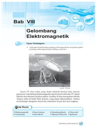 Bab VIII

              Gelombang
              Elektromagnetik
              Tujuan Pembelajaran

               •    Anda dapat mendiskripsikan gelombang elektromagnetik dan menjelaskan aplikasi
                    gelombang elektromagnetik pada kehidupan sehari-hari




                                                               Sumber: Teleskop

        Acara TV atau radio yang Anda nikmati berasal dari stasiun
   pemancar. Gelombang elektromagnetik seperti sinyal radio dan TV, dapat
   dikirim dan diterima melalui antena. Gambar di atas merupakan sebuah
   Antena radio di bukit Eifel, Jerman, yang dapat dikemudikan. Antena
   ini berfungsi mengirim sinyal dan menerima sinyal dari luar angkasa.

 K ata Kunci

• Elektromagnetik      • Sinar Gamma             • Gelombang Radio • Ultraviolet
• Gelombang            • Infra Merah             • Hipotesis Maxwell • Spektrum



                                                              Gelombang Elektromagnetik    221
 