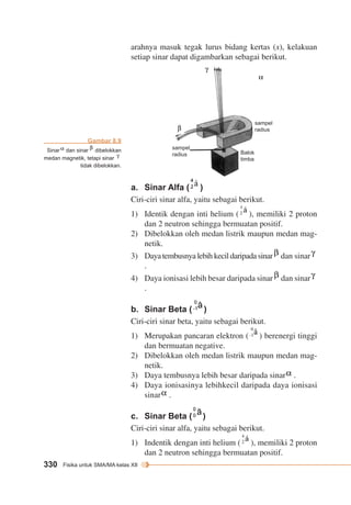 arahnya masuk tegak lurus bidang kertas (x), kelakuan 
setiap sinar dapat digambarkan sebagai berikut. 
330 Fisika untuk SMA/MA kelas XII 
sampel 
radius 
sampel 
radius Balok 
timba 
a. Sinar Alfa ( ) 
Ciri-ciri sinar alfa, yaitu sebagai berikut. 
1) Identik dengan inti helium ( ), memiliki 2 proton 
dan 2 neutron sehingga bermuatan positif. 
2) Dibelokkan oleh medan listrik maupun medan mag-netik. 
3) Daya tembusnya lebih kecil daripada sinar dan sinar 
. 
4) Daya ionisasi lebih besar daripada sinar dan sinar 
. 
b. Sinar Beta ( ) 
Ciri-ciri sinar beta, yaitu sebagai berikut. 
1) Merupakan pancaran elektron ( ) berenergi tinggi 
dan bermuatan negative. 
2) Dibelokkan oleh medan listrik maupun medan mag-netik. 
3) Daya tembusnya lebih besar daripada sinar . 
4) Daya ionisasinya lebihkecil daripada daya ionisasi 
sinar . 
c. Sinar Beta ( ) 
Ciri-ciri sinar alfa, yaitu sebagai berikut. 
1) Indentik dengan inti helium ( ), memiliki 2 proton 
dan 2 neutron sehingga bermuatan positif. 
Gambar 8.9 
Sinar dan sinar dibelokkan 
medan magnetik, tetapi sinar 
tidak dibelokkan. 
 