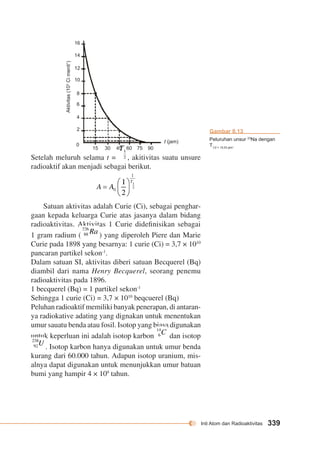Inti Atom dan Radioaktivitas 339 
16 
14 
12 
10 
8 
6 
4 
2 
0 
15 30 45 60 75 90 
Setelah meluruh selama t = , akitivitas suatu unsure 
radioaktif akan menjadi sebagai berikut. 
Satuan aktivitas adalah Curie (Ci), sebagai penghar-gaan 
kepada keluarga Curie atas jasanya dalam bidang 
radioaktivitas. Aktivitas 1 Curie didefinisikan sebagai 
1 gram radium ( ) yang diperoleh Piere dan Marie 
Curie pada 1898 yang besarnya: 1 curie (Ci) = 3,7 × 1010 
pancaran partikel sekon-1. 
Dalam satuan SI, aktivitas diberi satuan Becquerel (Bq) 
diambil dari nama Henry Becquerel, seorang penemu 
radioaktivitas pada 1896. 
1 becquerel (Bq) = 1 partikel sekon-1 
Sehingga 1 curie (Ci) = 3,7 × 1010 beqcuerel (Bq) 
Peluhan radioaktif memiliki banyak penerapan, di antaran-ya 
radiokative adating yang dignakan untuk menentukan 
umur sauatu benda atau fosil. Isotop yang biasa digunakan 
untuk keperluan ini adalah isotop karbon dan isotop 
. Isotop karbon hanya digunakan untuk umur benda 
kurang dari 60.000 tahun. Adapun isotop uranium, mis-alnya 
dapat digunakan untuk menunjukkan umur batuan 
bumi yang hampir 4 × 109 tahun. 
t (jam) 
Aktivitas (103 Ci menit1) 
Gambar 8.13 
Peluruhan unsur 23Na dengan 
T1/2 = 15,03 jam. 
 