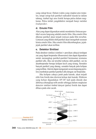 yang cukup besar. Dalam waktu yang singkat arus terpu-tus, 
344 Fisika untuk SMA/MA kelas XII 
tetapi setiap kali partikel radioaktif masuk ke dalam 
tabung, timbul lagi arus listrik berupa pulsa dalam rang-kaian. 
Pulsa inilah yangdidteksi menjadi bunyi melalui 
loudspeaker. 
d. Emulsi Film 
Alat yang dapat digunakan untuk mendeteksi lintasan par-tikel 
secara langsung adalah emulsi film. Jika emulsi film 
dikenai partikel akan terjadi ionisasi pada film tersebut. 
Lintasan yang dilalui oleh partikel akan mengubah susunan 
kimia emulsi film. Jika emulsi film dikembangkan, jejak-jejak 
partikel akan terlihat. 
e. Detektor Sintilasi 
Pada detektor sintilasi (sintilasi = percikan cahaya) terdapat 
zat yang dapat berpendar (flouresensi) dan dapat digunakan 
untuk menangkap partikel-partikel bermuatan terutama 
partikel alfa. Jika zat tersebut terkena oleh partikel, zat itu 
akanberpendar berupa kelipan kecil yang terang. Semakin 
banyak partikel yang datang, semakin banyak pula kelipan 
yang terlihat. Alat ini dapat mengamati secara langsung peris-tiwa 
tumbukan partikel-partikel alfa dengan zat berpendar. 
Jika kelipan cahaya jatuh pada katode, akan terjadi 
efek foto listrik dan electron keluar dari katode. Elektron 
yang keluar digandakan 106-107 kali pada dinode dan 
akhirnya ditangkap oelh anode sehingga dalam rangkaian 
detector sintilasi timbul denyut (pulsa) listrik dan dapat 
dibaca pada alat cacah. 
Gambar 8.17 
Detektor Sintilasi 
Kristal sintilasi 
Partikel datang 
foto Katode 
0 V 
+400 V 
+800 V 
+1200 V 
+1600 V 
Keluaran ke alat 
pencacah 
+200 V 
+600 V 
+1000 V 
+1400 V 
Vakum 
 