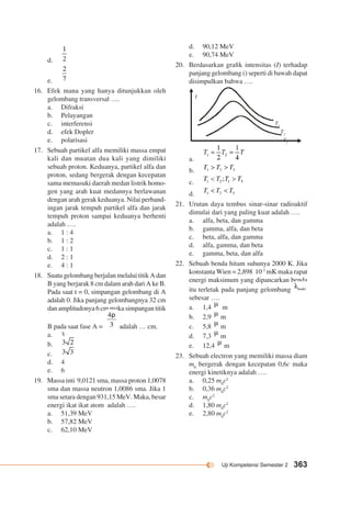 T1 
T2 
T3 
Uji Kompetensi Semester 2 363 
d. 
e. 
16. Efek mana yang hanya ditunjukkan oleh 
gelombang transversal …. 
a. Difraksi 
b. Pelayangan 
c. interferensi 
d. efek Dopler 
e. polarisasi 
17. Sebuah partikel alfa memiliki massa empat 
kali dan muatan dua kali yang dimiliki 
sebuah proton. Keduanya, partikel alfa dan 
proton, sedang bergerak dengan kecepatan 
sama memasuki daerah medan listrik homo-gen 
yang arah kuat medannya berlawanan 
dengan arah gerak keduanya. Nilai perband-ingan 
jarak tempuh partikel alfa dan jarak 
tempuh proton sampai keduanya berhenti 
adalah …. 
a. 1 : 4 
b. 1 : 2 
c. 1 : 1 
d. 2 : 1 
e. 4 : 1 
18. Suatu gelombang berjalan melalui titik A dan 
B yang berjarak 8 cm dalam arah dari A ke B. 
Pada saat t = 0, simpangan gelombang di A 
adalah 0. Jika panjang gelombangnya 32 cm 
dan amplitudonya 6 cm maka simpangan titik 
B pada saat fase A = adalah … cm. 
a. 3 
b. 
c. 
d. 4 
e. 6 
19. Massa inti 9,0121 sma, massa proton 1,0078 
sma dan massa neutron 1,0086 sma. Jika 1 
sma setara dengan 931,15 MeV. Maka, besar 
energi ikat ikat atom adalah …. 
a. 51,39 MeV 
b. 57,82 MeV 
c. 62,10 MeV 
d. 90,12 MeV 
e. 90,74 MeV 
20. Berdasarkan grafik intensitas (I) terhadap 
panjang gelombang () seperti di bawah dapat 
disimpulkan bahwa …. 
a. 
b. 
c. 
d. 
I 
21. Urutan daya tembus sinar-sinar radioaktif 
dimulai dari yang paling kuat adalah …. 
a. alfa, beta, dan gamma 
b. gamma, alfa, dan beta 
c. beta, alfa, dan gamma 
d. alfa, gamma, dan beta 
e. gamma, beta, dan alfa 
22. Sebuah benda hitam suhunya 2000 K. Jika 
konstanta Wien = 2,898 10-3 mK maka rapat 
energi maksimum yang dipancarkan benda 
itu terletak pada panjang gelombang 
sebesar …. 
a. 1,4 m 
b. 2,9 m 
c. 5,8 m 
d. 7,3 m 
e. 12,4 m 
23. Sebuah electron yang memiliki massa diam 
m0 bergerak dengan kecepatan 0,6c maka 
energi kinetiknya adalah …. 
a. 0,25 m0c2 
b. 0,36 m0c2 
c. m0c2 
d. 1,80 m0c2 
e. 2,80 m0c2 
 