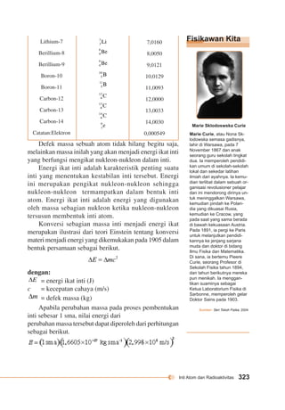 Fisikawan Kita 
Inti Atom dan Radioaktivitas 323 
Lithium-7 
7,0160 
Berillium-8 
8,0050 
Berillium-9 
9,0121 
Boron-10 
10,0129 
Boron-11 
11,0093 
Carbon-12 
12,0000 
Carbon-13 
13,0033 
Carbon-14 
14,0030 
Catatan:Elektron 
0,000549 
Defek massa sebuah atom tidak hilang begitu saja, 
melainkan massa inilah yang akan menjadi energi ikat inti 
yang berfungsi mengikat nukleon-nukleon dalam inti. 
Energi ikat inti adalah karakteristik penting suatu 
inti yang menentukan kestabilan inti tersebut. Energi 
ini merupakan pengikat nukleon-nukleon sehingga 
nukleon-nukleon termampatkan dalam bentuk inti 
atom. Energi ikat inti adalah energi yang digunakan 
oleh massa sebagian nukleon ketika nukleon-nukleon 
tersusun membentuk inti atom. 
Konversi sebagian massa inti menjadi energi ikat 
merupakan ilustrasi dari teori Einstein tentang konversi 
materi menjadi energi yang dikemukakan pada 1905 dalam 
bentuk persamaan sebagai berikut. 
dengan: 
= energi ikat inti (J) 
c = kecepatan cahaya (m/s) 
= defek massa (kg) 
Apabila perubahan massa pada proses pembentukan 
inti sebesar 1 sma, nilai energi dari 
perubahan massa tersebut dapat diperoleh dari perhitungan 
sebagai berikut. 
Marie Sklodoswska Curie 
Marie Curie, atau Nona Sk-lodowska 
semasa gadisnya, 
lahir di Warsawa, pada 7 
November 1867 dan anak 
seorang guru sekolah tingkat 
dua. Ia memperoleh pendidi-kan 
umum di sekolah-sekolah 
lokal dan sekedar latihan 
ilmiah dari ayahnya. Ia kemu-dian 
terlibat dalam sebuah or-ganisasi 
revolusioner pelajar 
dan ini mendorong dirinya un-tuk 
meninggalkan Warsawa, 
kemudian pindah ke Polan-dia 
yang dikuasai Rusia, 
kemudian ke Cracow, yang 
pada saat yang sama berada 
di bawah kekuasaan Austria. 
Pada 1891, ia pergi ke Paris 
untuk melanjutkan pendidi-kannya 
ke jenjang sarjana 
muda dan doktor di bidang 
Ilmu Fisika dan Matematika. 
Di sana, ia bertemu Pieere 
Curie, seorang Profesor di 
Sekolah Fisika tahun 1894, 
dan tahun berikutnya mereka 
pun menikah. Ia menggan-tikan 
suaminya sebagai 
Ketua Laboratorium Fisika di 
Sarbonne, memperoleh gelar 
Doktor Sains pada 1903. 
Sumber: Seri Tokoh Fisika, 2004 
 
