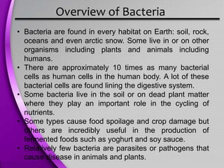 Overview of Bacteria
• Bacteria are found in every habitat on Earth: soil, rock,
oceans and even arctic snow. Some live in or on other
organisms including plants and animals including
humans.
• There are approximately 10 times as many bacterial
cells as human cells in the human body. A lot of these
bacterial cells are found lining the digestive system.
• Some bacteria live in the soil or on dead plant matter
where they play an important role in the cycling of
nutrients.
• Some types cause food spoilage and crop damage but
others are incredibly useful in the production of
fermented foods such as yoghurt and soy sauce.
• Relatively few bacteria are parasites or pathogens that
cause disease in animals and plants.
 