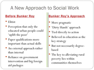 A New Approach to Social Work Before Bunker Roy Elitist Perception that only the educated urban people could ‘uplift the poor’ Paper qualifications more important than actual skills An external approach rather than internal Reliance on government intervention and big foreign aid packages  Bunker Roy’s Approach More pragmatic ‘ Dirty Hands’ approach Tied directly to action Believed in education as the key strategy But not necessarily degree-based The key to alleviating rural poverty lies within communities themselves 