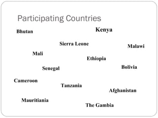 Bhutan Afghanistan Mali Sierra   Leone Kenya Senegal Ethiopia Bolivia Cameroon The Gambia Tanzania Mauritiania Participating Countries Malawi 