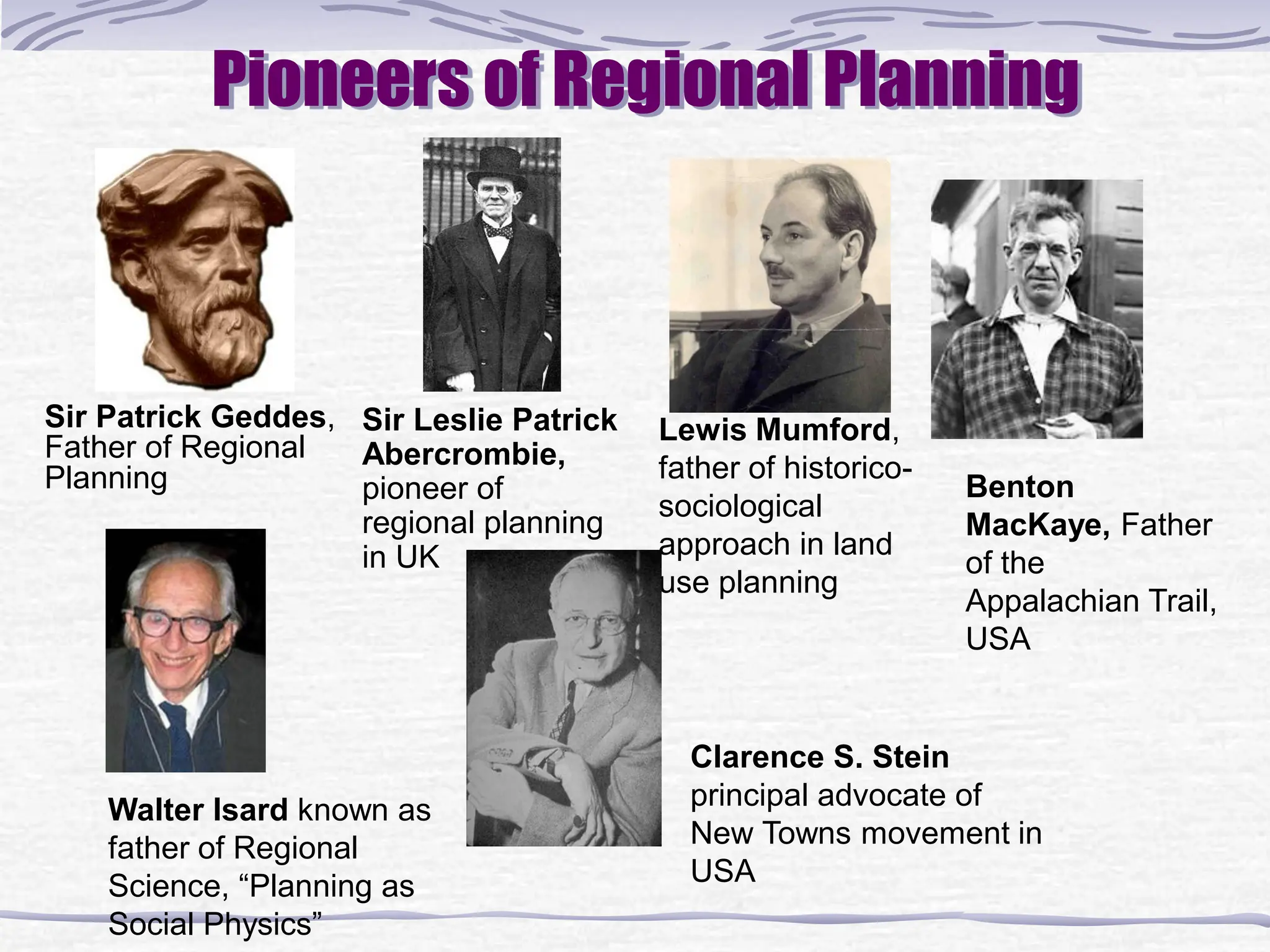 Pioneers of Regional Planning
Benton
MacKaye, Father
of the
Appalachian Trail,
USA
Sir Patrick Geddes,
Father of Regional
Planning
Lewis Mumford,
father of historico-
sociological
approach in land
use planning
Sir Leslie Patrick
Abercrombie,
pioneer of
regional planning
in UK
Walter Isard known as
father of Regional
Science, “Planning as
Social Physics”
Clarence S. Stein
principal advocate of
New Towns movement in
USA
 