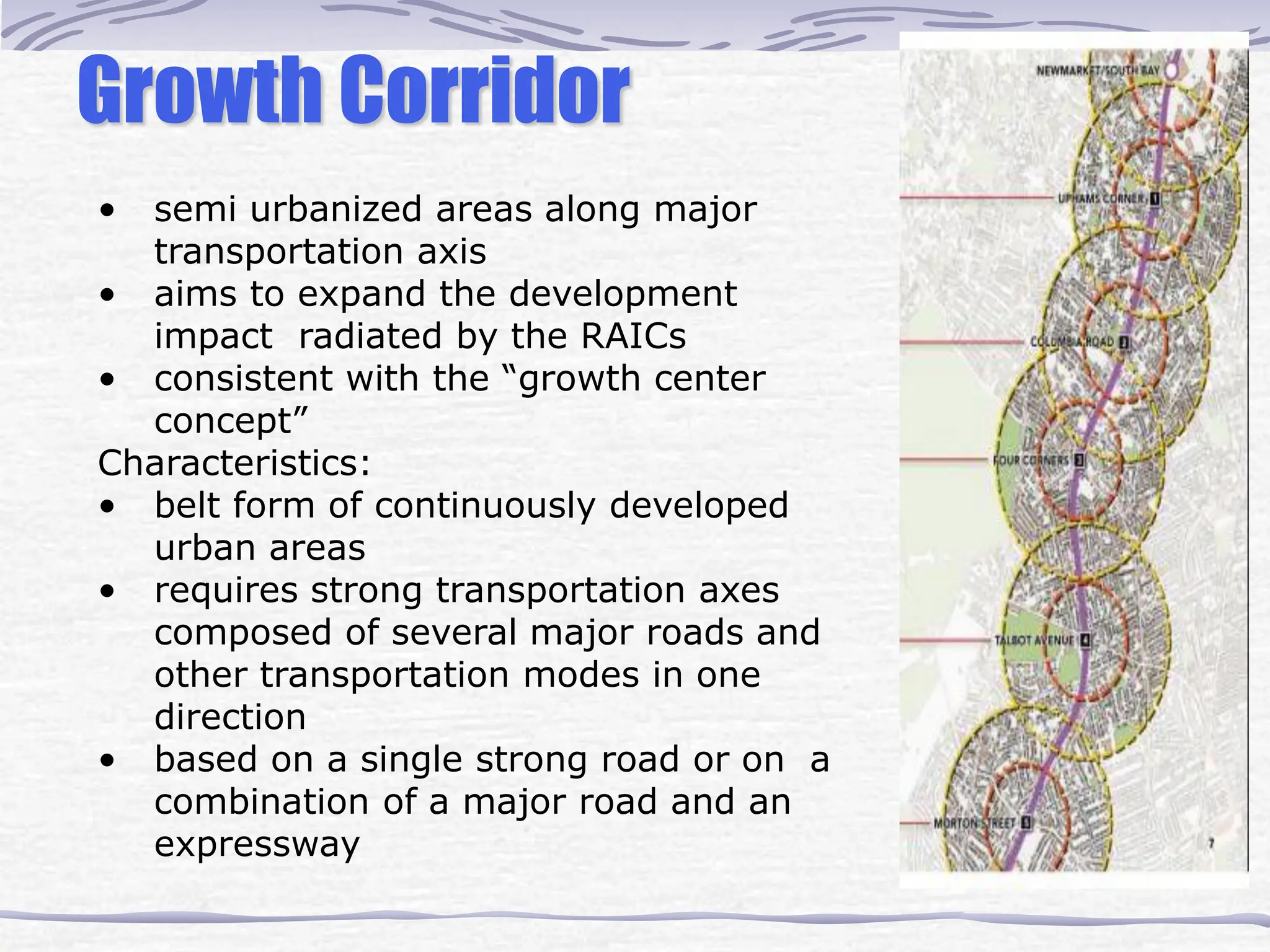 Growth Corridor
• semi urbanized areas along major
transportation axis
• aims to expand the development
impact radiated by the RAICs
• consistent with the “growth center
concept”
Characteristics:
• belt form of continuously developed
urban areas
• requires strong transportation axes
composed of several major roads and
other transportation modes in one
direction
• based on a single strong road or on a
combination of a major road and an
expressway
 