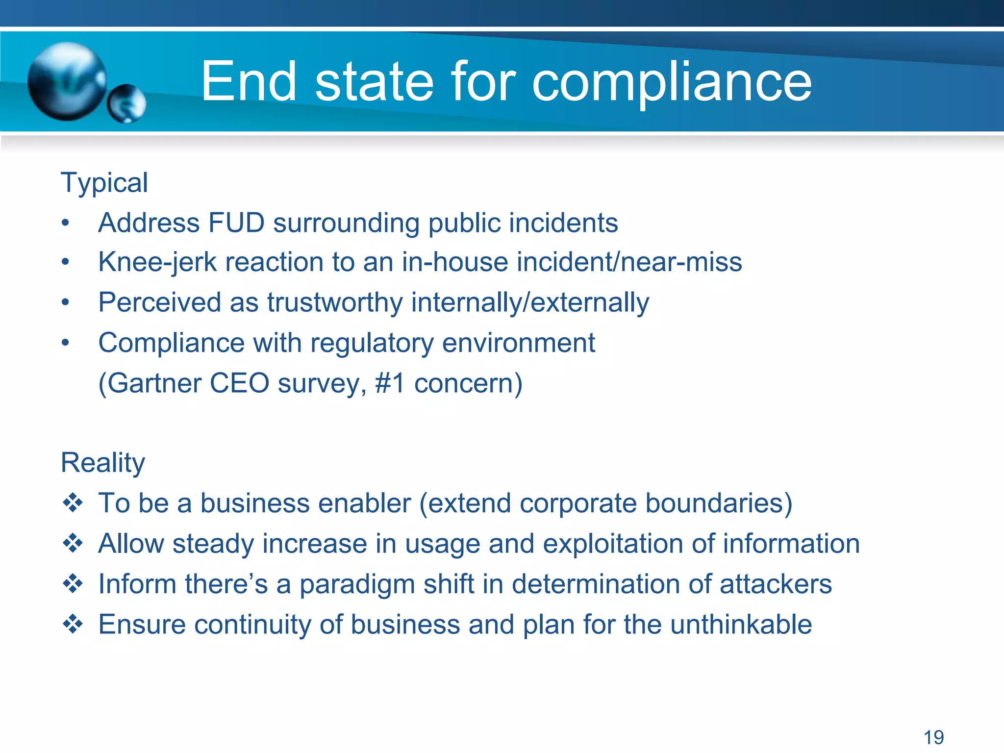 End state for compliance
Typical
•  Address FUD surrounding public incidents
•  Knee-jerk reaction to an in-house incident/near-miss
•  Perceived as trustworthy internally/externally
•  Compliance with regulatory environment
(Gartner CEO survey, #1 concern)
Reality
v  To be a business enabler (extend corporate boundaries)
v  Allow steady increase in usage and exploitation of information
v  Inform there’s a paradigm shift in determination of attackers
v  Ensure continuity of business and plan for the unthinkable
19
 
