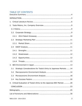 N0611318 - 2014-2015 2
TABLE OF CONTENTS
Executive Summary ..............................................................................4
INTRDUCTION......................................................................................5
1. Critical Literature Review..................................................................6
2. Tesla Motors, Inc. Company Overview................................................9
2.1 History........................................................................................9
2.2 Corporate Strategy.....................................................................9
2.2.1 2014 Patent Giveaway .........................................................10
2.3 Strategic Marketing Plan ...........................................................11
2.3.1 Market Share......................................................................11
2.4 SWOT Analysis.........................................................................11
2.4.1 Strengths ...........................................................................11
2.4.2 Weaknesses .......................................................................12
2.4.3 Opportunities......................................................................12
2.4.4 Threats ..............................................................................13
3. BEV Environment in Japan ..............................................................13
3.1 Strategic Considerations for Tesla’s Entry to Japanese Markets ......14
3.2 Macroeconomic Environment Analysis .........................................14
3.3 Microeconomic Environment Analysis ..........................................18
3.4 Key Success Factors .................................................................20
4. Critical Evaluation of Tesla’s Entry to the Japanese BEV Market ...........20
CONCLUSION ..................................................................................23
Bibliography.......................................................................................25
List of Acronyms and Abbreviations: .....................................................30
 