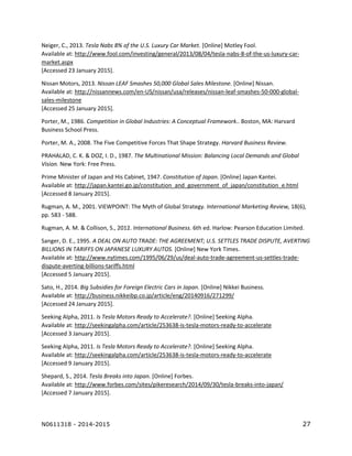 N0611318 - 2014-2015 27
Neiger, C., 2013. Tesla Nabs 8% of the U.S. Luxury Car Market. [Online] Motley Fool.
Available at: http://www.fool.com/investing/general/2013/08/04/tesla-nabs-8-of-the-us-luxury-car-
market.aspx
[Accessed 23 January 2015].
Nissan Motors, 2013. Nissan LEAF Smashes 50,000 Global Sales Milestone. [Online] Nissan.
Available at: http://nissannews.com/en-US/nissan/usa/releases/nissan-leaf-smashes-50-000-global-
sales-milestone
[Accessed 25 January 2015].
Porter, M., 1986. Competition in Global Industries: A Conceptual Framework.. Boston, MA: Harvard
Business School Press.
Porter, M. A., 2008. The Five Competitive Forces That Shape Strategy. Harvard Business Review.
PRAHALAD, C. K. & DOZ, I. D., 1987. The Multinational Mission: Balancing Local Demands and Global
Vision. New York: Free Press.
Prime Minister of Japan and His Cabinet, 1947. Constitution of Japan. [Online] Japan Kantei.
Available at: http://japan.kantei.go.jp/constitution_and_government_of_japan/constitution_e.html
[Accessed 8 January 2015].
Rugman, A. M., 2001. VIEWPOINT: The Myth of Global Strategy. International Marketing Review, 18(6),
pp. 583 - 588.
Rugman, A. M. & Collison, S., 2012. International Business. 6th ed. Harlow: Pearson Education Limited.
Sanger, D. E., 1995. A DEAL ON AUTO TRADE: THE AGREEMENT; U.S. SETTLES TRADE DISPUTE, AVERTING
BILLIONS IN TARIFFS ON JAPANESE LUXURY AUTOS. [Online] New York Times.
Available at: http://www.nytimes.com/1995/06/29/us/deal-auto-trade-agreement-us-settles-trade-
dispute-averting-billions-tariffs.html
[Accessed 5 January 2015].
Sato, H., 2014. Big Subsidies for Foreign Electric Cars in Japan. [Online] Nikkei Business.
Available at: http://business.nikkeibp.co.jp/article/eng/20140916/271299/
[Accessed 24 January 2015].
Seeking Alpha, 2011. Is Tesla Motors Ready to Accelerate?. [Online] Seeking Alpha.
Available at: http://seekingalpha.com/article/253638-is-tesla-motors-ready-to-accelerate
[Accessed 3 January 2015].
Seeking Alpha, 2011. Is Tesla Motors Ready to Accelerate?. [Online] Seeking Alpha.
Available at: http://seekingalpha.com/article/253638-is-tesla-motors-ready-to-accelerate
[Accessed 9 January 2015].
Shepard, S., 2014. Tesla Breaks into Japan. [Online] Forbes.
Available at: http://www.forbes.com/sites/pikeresearch/2014/09/30/tesla-breaks-into-japan/
[Accessed 7 January 2015].
 