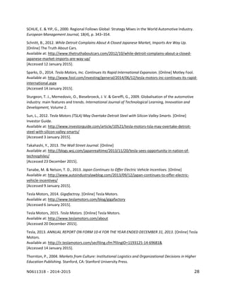 N0611318 - 2014-2015 28
SCHLIE, E. & YIP, G., 2000. Regional Follows Global: Strategy Mixes in the World Automotive Industry.
European Management Journal, 18(4), p. 343–354.
Schnitt, B., 2012. While Detroit Complains About A Closed Japanese Market, Imports Are Way Up.
[Online] The Truth About Cars.
Available at: http://www.thetruthaboutcars.com/2012/10/while-detroit-complains-about-a-closed-
japanese-market-imports-are-way-up/
[Accessed 12 January 2015].
Sparks, D., 2014. Tesla Motors, Inc. Continues Its Rapid International Expansion. [Online] Motley Fool.
Available at: http://www.fool.com/investing/general/2014/06/12/tesla-motors-inc-continues-its-rapid-
international.aspx
[Accessed 14 January 2015].
Sturgeon, T. J., Memedovic, O., Biesebroeck, J. V. & Gereffi, G., 2009. Globalisation of the automotive
industry: main features and trends. International Journal of Technological Learning, Innovation and
Development, Volume 2.
Sun, L., 2012. Tesla Motors (TSLA) May Overtake Detroit Steel with Silicon Valley Smarts. [Online]
Investor Guide.
Available at: http://www.investorguide.com/article/10521/tesla-motors-tsla-may-overtake-detroit-
steel-with-silicon-valley-smarts/
[Accessed 3 January 2015].
Takahashi, Y., 2013. The Wall Street Journal. [Online]
Available at: http://blogs.wsj.com/japanrealtime/2013/11/20/tesla-sees-opportunity-in-nation-of-
technophiles/
[Accessed 23 December 2015].
Tanabe, M. & Nelson, T. D., 2013. Japan Continues to Offer Electric Vehicle Incentives. [Online]
Available at: http://www.autoindustrylawblog.com/2013/09/12/japan-continues-to-offer-electric-
vehicle-incentives/
[Accessed 9 January 2015].
Tesla Motors, 2014. Gigafactroy. [Online] Tesla Motors.
Available at: http://www.teslamotors.com/blog/gigafactory
[Accessed 6 January 2015].
Tesla Motors, 2015. Tesla Motors. [Online] Tesla Motors.
Available at: http://www.teslamotors.com/about
[Accessed 20 December 2015].
Tesla, 2013. ANNUAL REPORT ON FORM 10-K FOR THE YEAR ENDED DECEMBER 31, 2013. [Online] Tesla
Motors.
Available at: http://ir.teslamotors.com/secfiling.cfm?filingID=1193125-14-69681&
[Accessed 14 January 2015].
Thornton, P., 2004. Markets from Culture: Institutional Logistics and Organizational Decisions in Higher
Education Publishing. Stanford, CA: Stanford University Press.
 