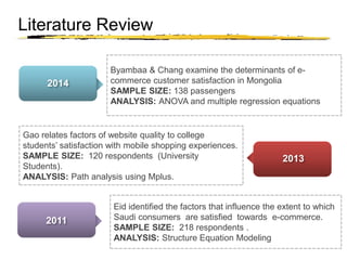 Copyright © 2003 Sherif Kamel
Literature Review
2014
Byambaa & Chang examine the determinants of e-
commerce customer satisfaction in Mongolia
SAMPLE SIZE: 138 passengers
ANALYSIS: ANOVA and multiple regression equations
2013
Gao relates factors of website quality to college
students’ satisfaction with mobile shopping experiences.
SAMPLE SIZE: 120 respondents (University
Students).
ANALYSIS: Path analysis using Mplus.
2011
Eid identified the factors that influence the extent to which
Saudi consumers are satisfied towards e-commerce.
SAMPLE SIZE: 218 respondents .
ANALYSIS: Structure Equation Modeling
 