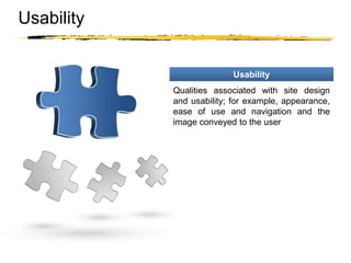 Copyright © 2003 Sherif Kamel
Usability
Usability
Qualities associated with site design
and usability; for example, appearance,
ease of use and navigation and the
image conveyed to the user
 