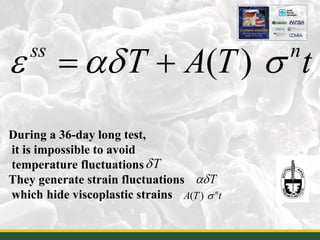( )ss n
T A T tε αδ σ+
18
During a 36-day long test,
it is impossible to avoid
temperature fluctuations
They generate strain fluctuations
which hide viscoplastic strains ( ) n
A T tσ
Tδ
Tαδ
 