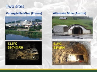 Two sites
Varangéville Mine (France) Altaussee Mine (Austria)
24
13.5°C
55-74%RH
8.2°C
68%RH
 