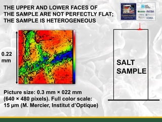 29
Picture size: 0.3 mm × 022 mm
(640 × 480 pixels). Full color scale:
15 µm (M. Mercier, Institut d’Optique)
THE UPPER AND LOWER FACES OF
THE SAMPLE ARE NOT PERFECTLY FLAT;
THE SAMPLE IS HETEROGENEOUS
0.22
mm SALT
SAMPLE
 